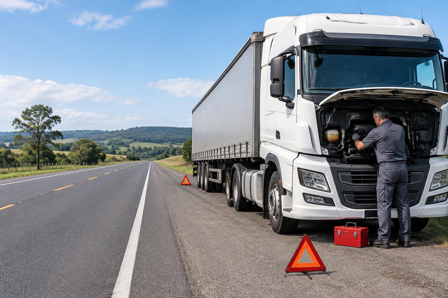 Imagem ilustrativa de mecânico atendendo um caminhão no acostamento da estrada